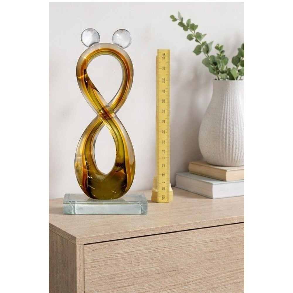 Glass Infinity Sculpture Modern Art Decor Amber Clear New 12in Heavy